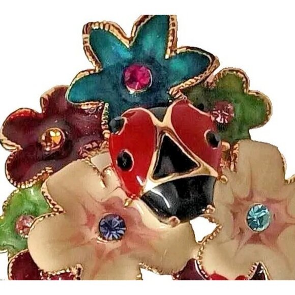 ALDO Size 9 Vintage Vibrant Floral Lady Bug Ring Gold Tone Enamel Rhinestone - Picture 2 of 7